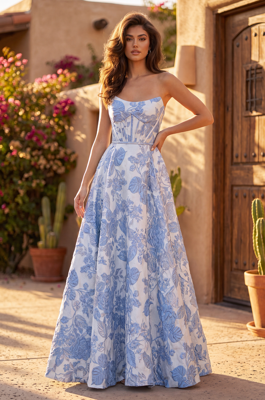 Prom Dresses Long Floral Jacquard Prom Dress Strapless Ball Gown  Blue