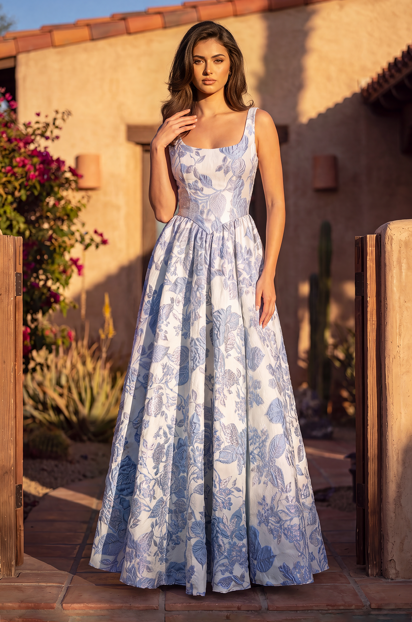 Prom Dresses Long Floral Jacquard A Line Prom Dress Blue