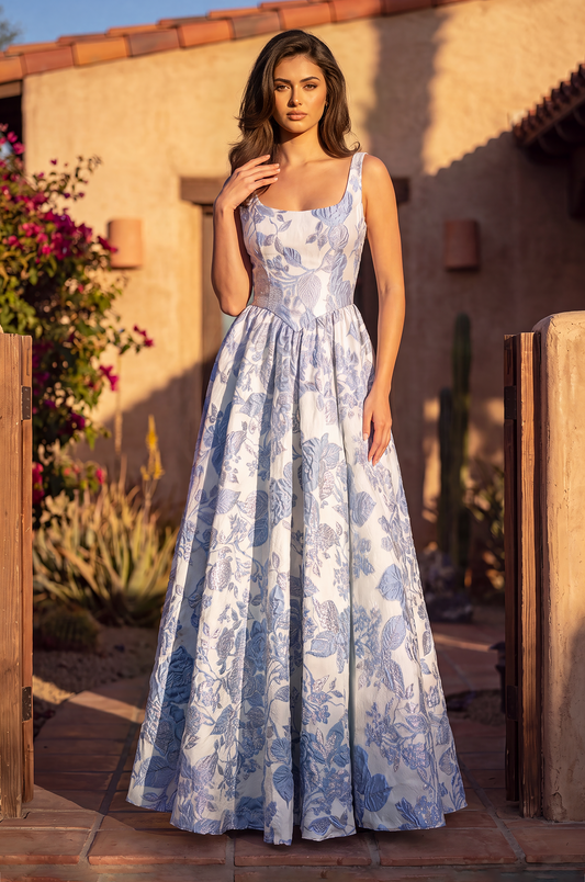 Prom Dresses Long Floral Jacquard A Line Prom Dress Blue