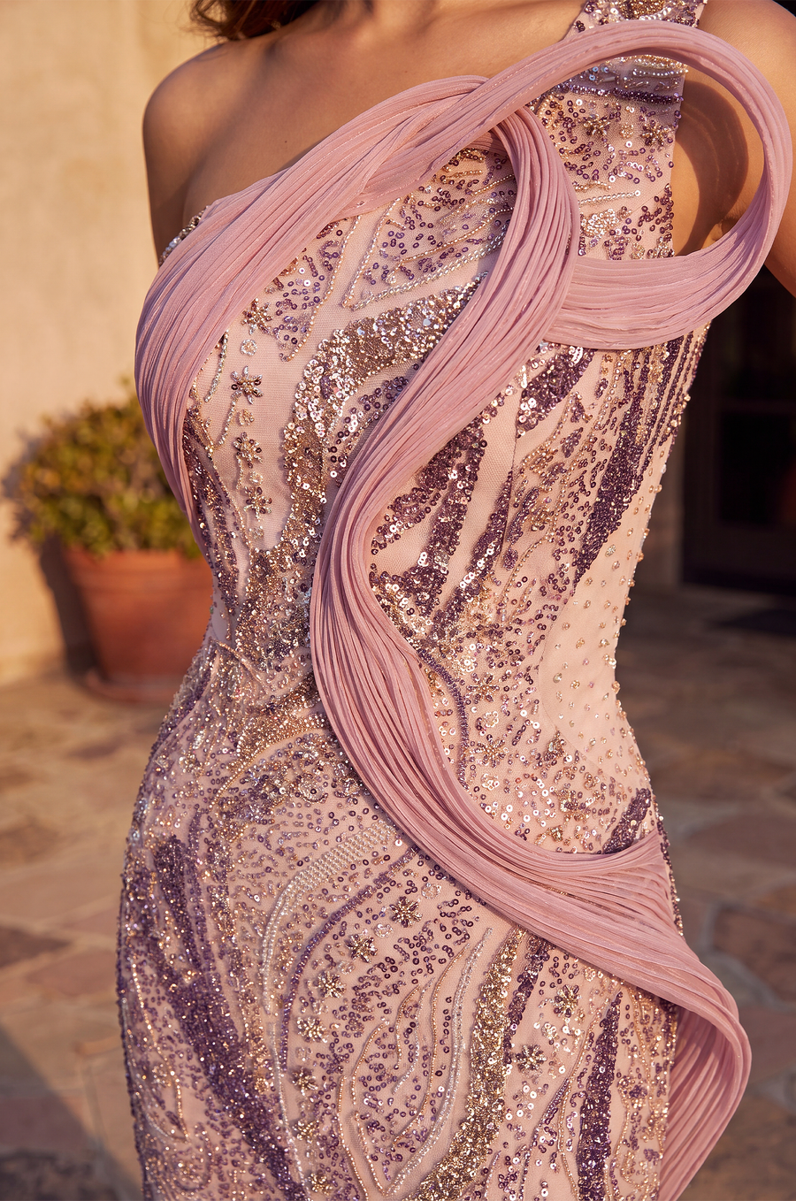 Formal Dresses Long One Shoulder Formal Sequined Gown Mauve