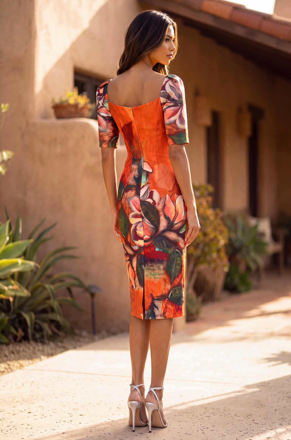 Midi Floral Print Sheath Cocktail Dress