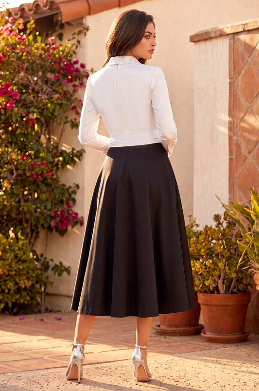 Cocktail Dresses Long Sleeve Two Tone Formal Midi Dress Black/White