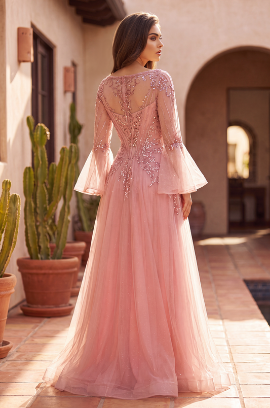 Mother of the Bride Dresses Long Bell Sleeve Mother of the Bride Lace Gown Rose