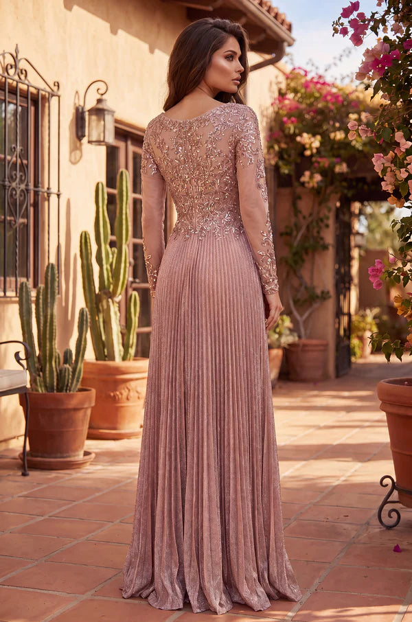 Long Sleeve Formal Pleaded Mother of the Bride Dress