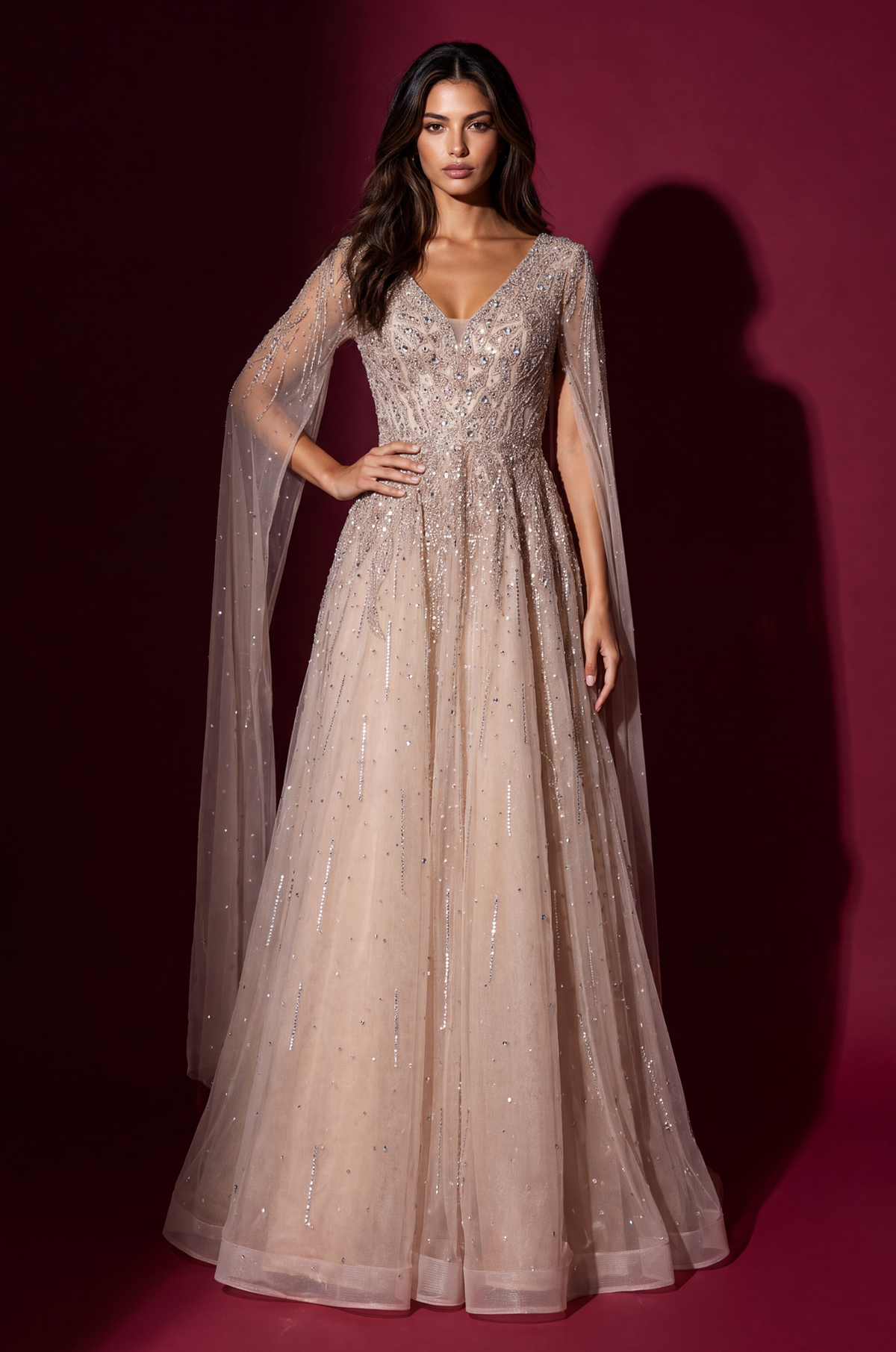 Formal Fully Beaded Cape Sleeve Couture Evening Gown
