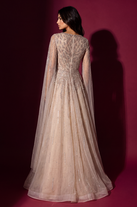 Formal Fully Beaded Cape Sleeve Couture Evening Gown