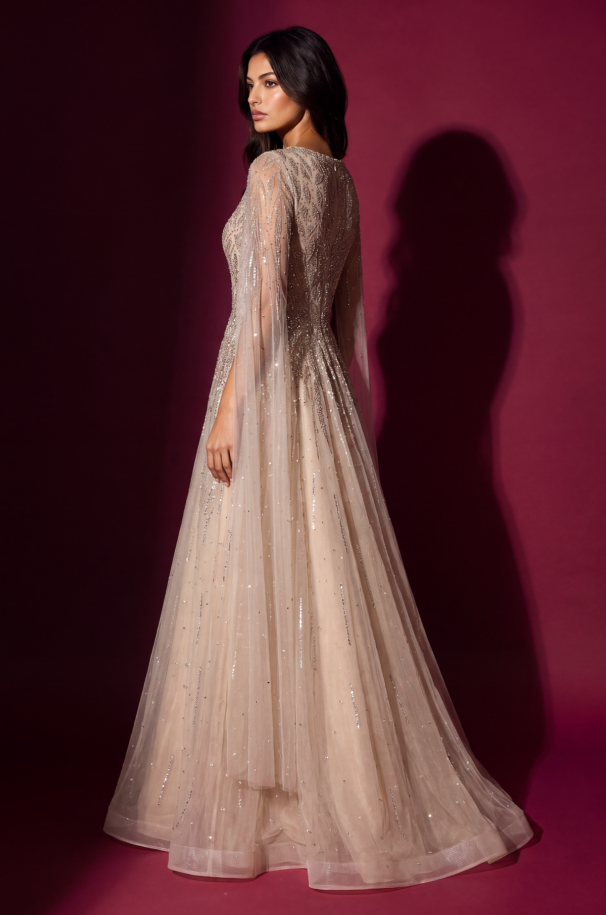 Formal Fully Beaded Cape Sleeve Couture Evening Gown