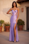 Shimmer Satin Prom Evening Dress with Corset Top Mesh Accent and Side Slit