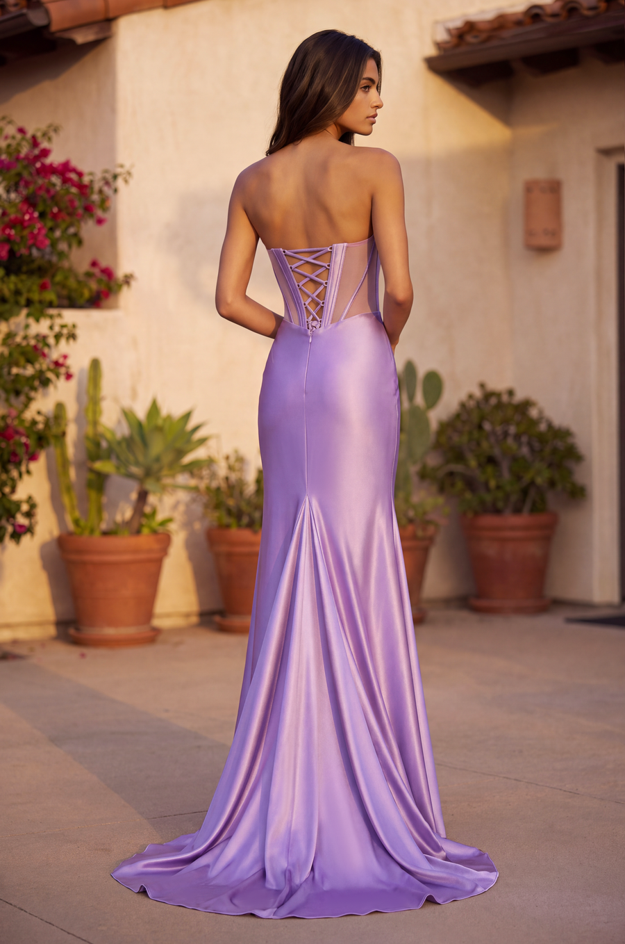 Shimmer Satin Prom Evening Dress with Corset Top Mesh Accent and Side Slit