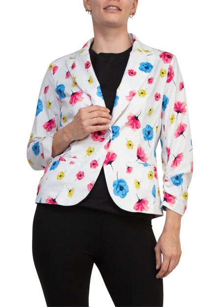 Peace of Cloth Notched Lapel Collar Bright White Floral Print Cropped Fit Blazer - POPPIES - Front View