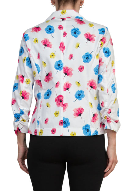 Peace of Cloth Notched Lapel Collar Bright White Floral Print Cropped Fit Blazer - POPPIES - Back