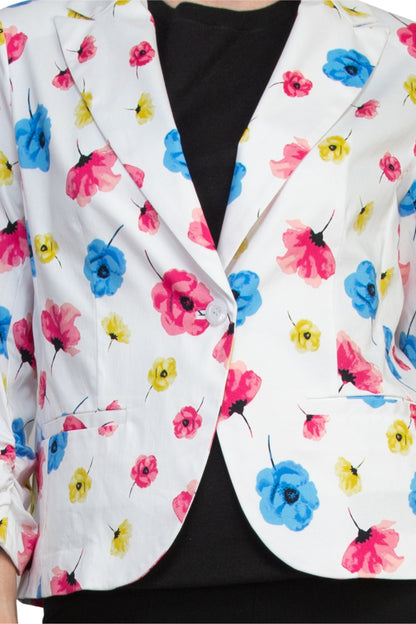 Peace of Cloth Notched Lapel Collar Bright White Floral Print Cropped Fit Blazer - POPPIES - Fabric