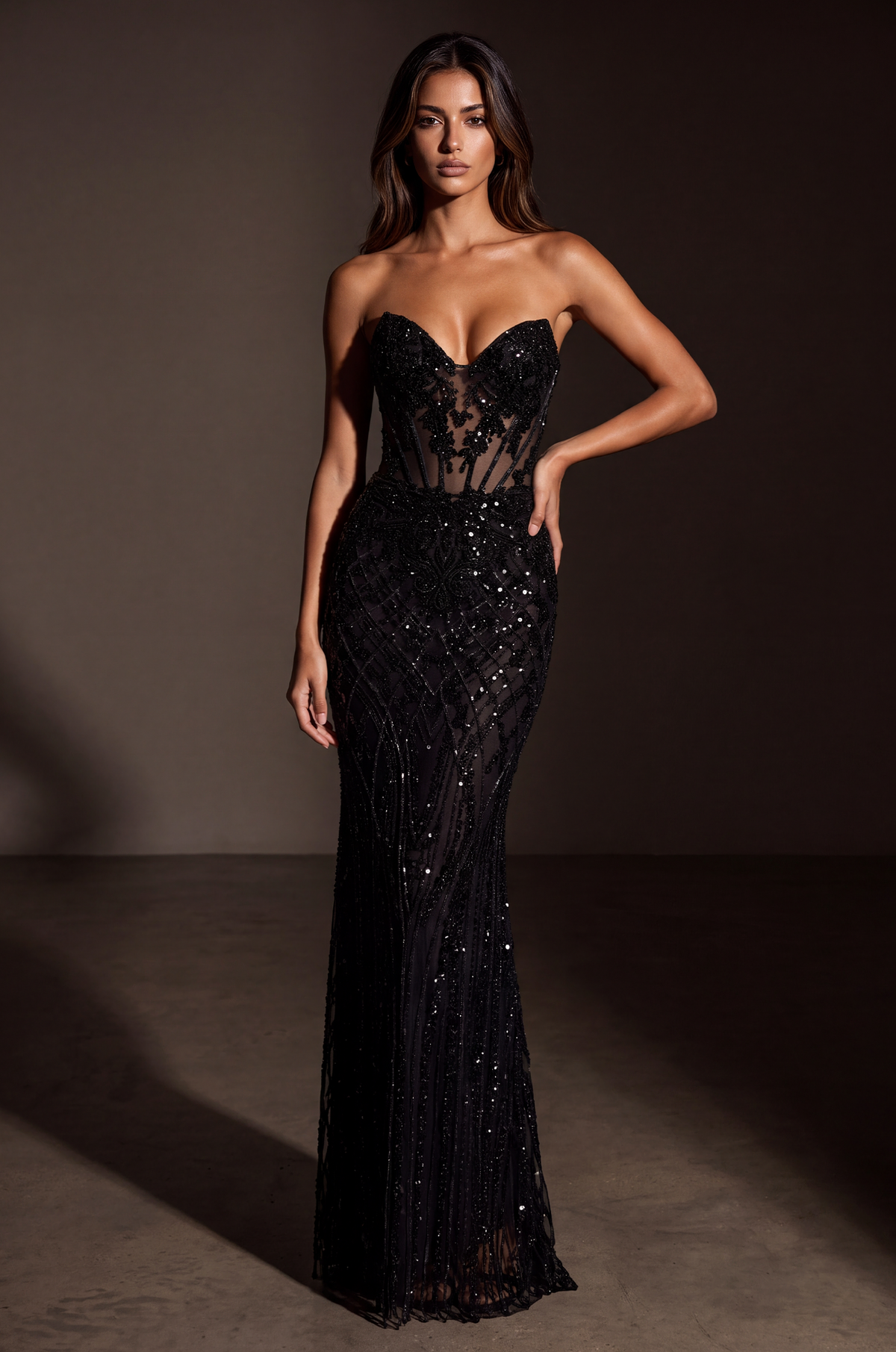 Black strapless sequin formal gown, front view
