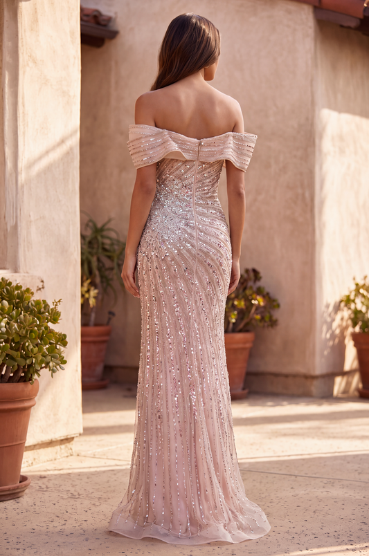Formal Fully Beaded Sequined Fitted Evening Gown