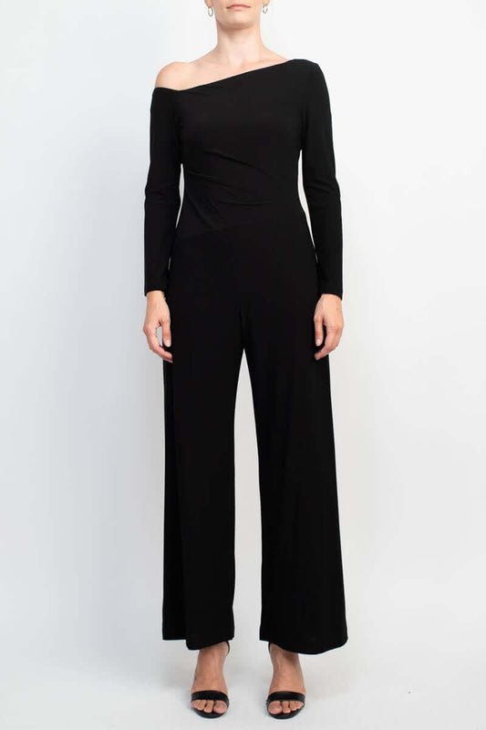 Taylor One-Shoulder Long Sleeve Zipper Back Solid Stretch Crepe Jumpsuit - BLACK - FRONT 