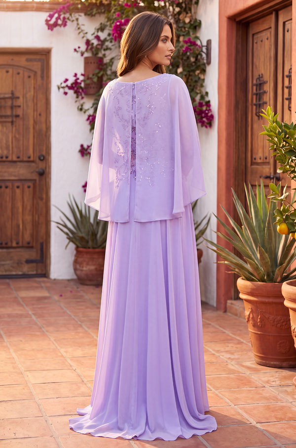 Long Mother of the Bride Cape Sleeve Dress