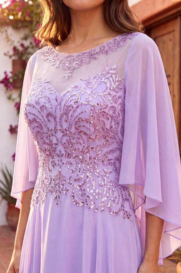 Long Mother of the Bride Cape Sleeve Dress