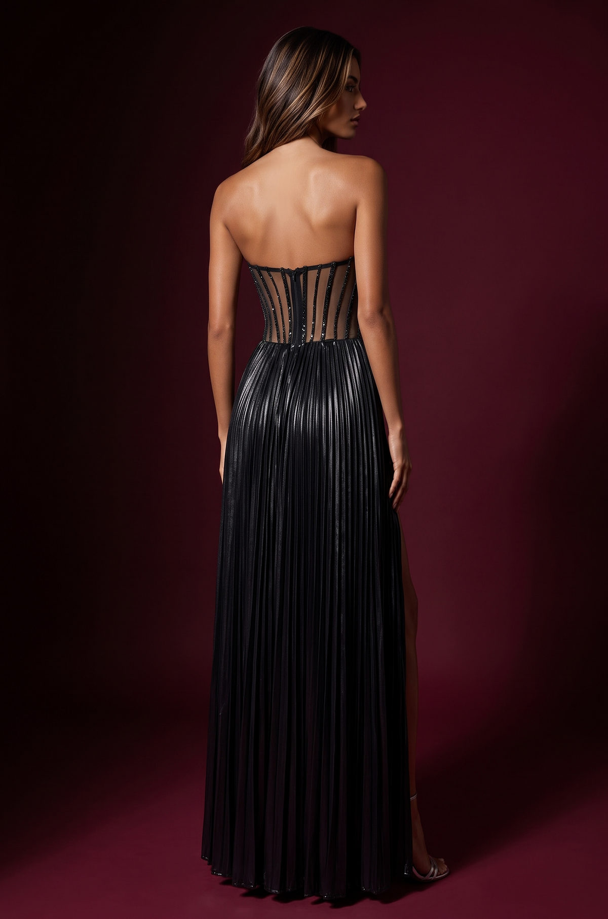 Strapless Beaded Bust Pleated Corset Formal Dress