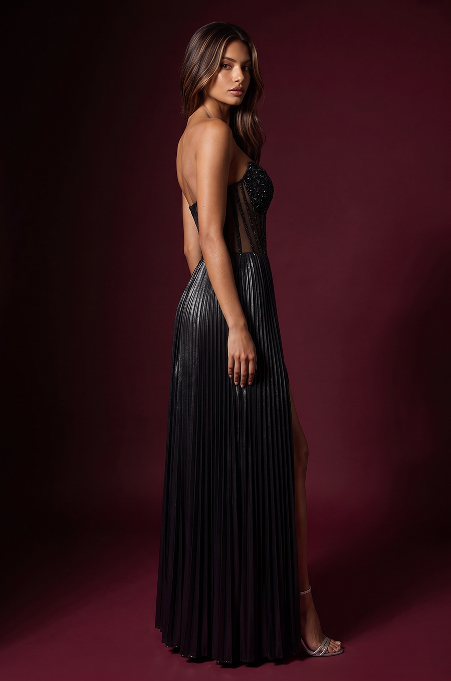 Strapless Beaded Bust Pleated Corset Formal Dress