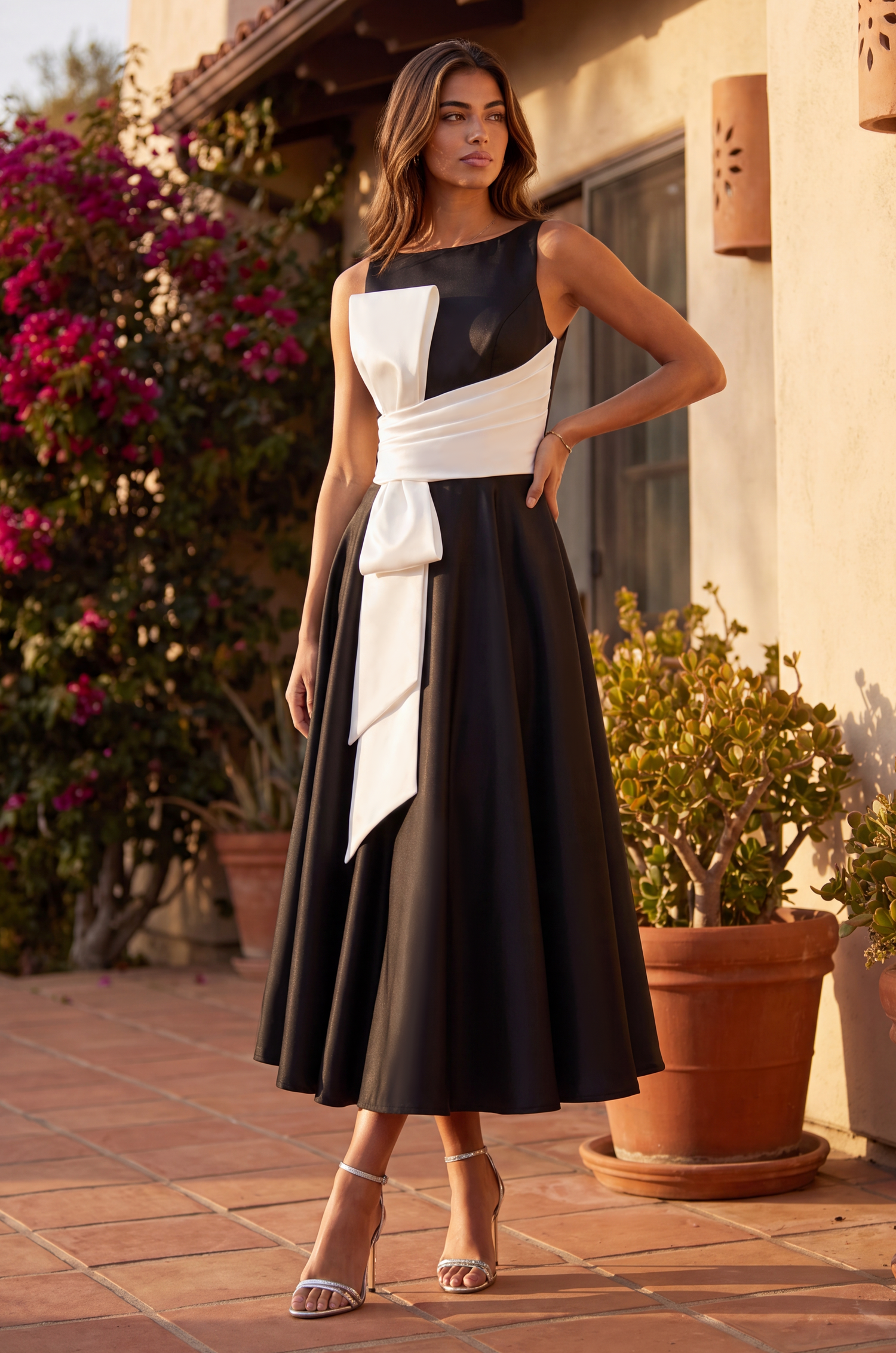 Cocktail Dresses Formal A Line Satin Cocktail Midi Dress Black/White