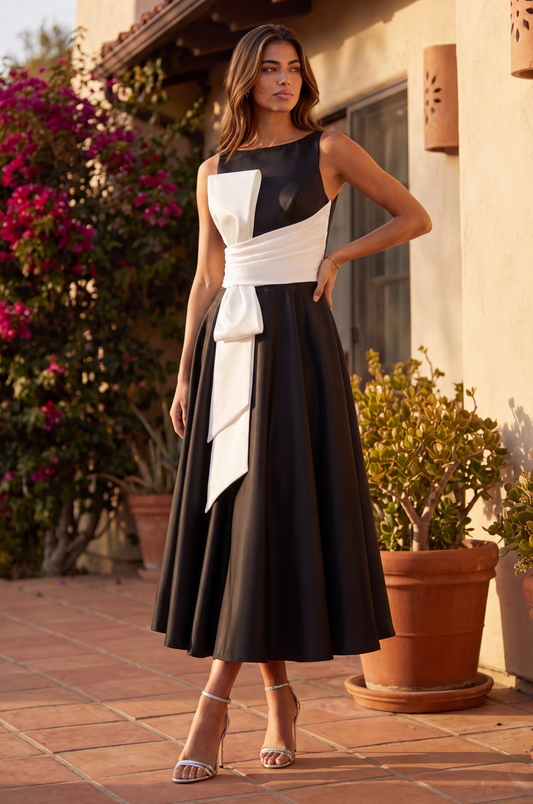 Cocktail Dresses Formal A Line Satin Cocktail Midi Dress Black/White