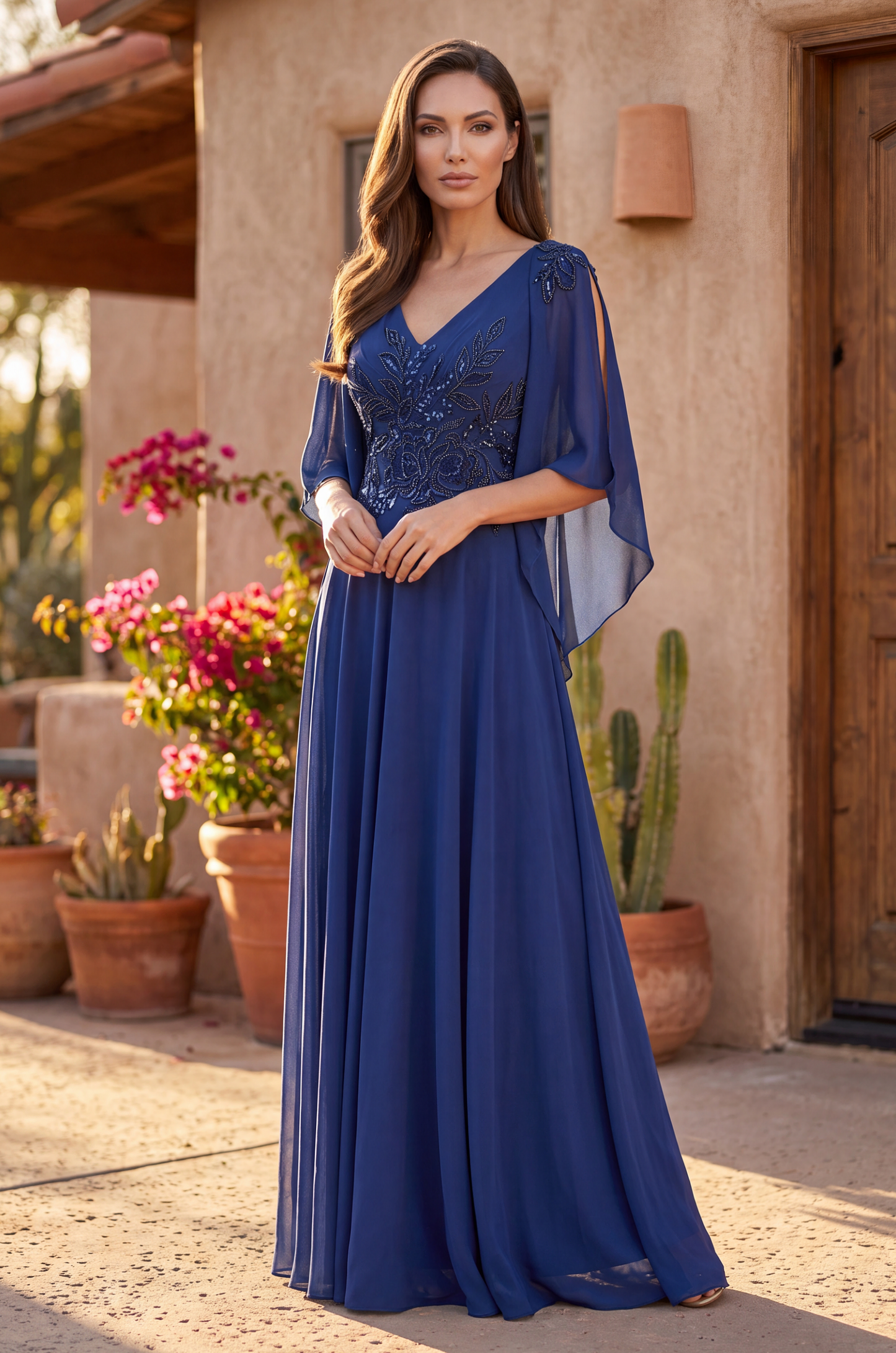 Mother of the Bride Dresses Long Formal Split Cape Sleeve Evening Dress Navy