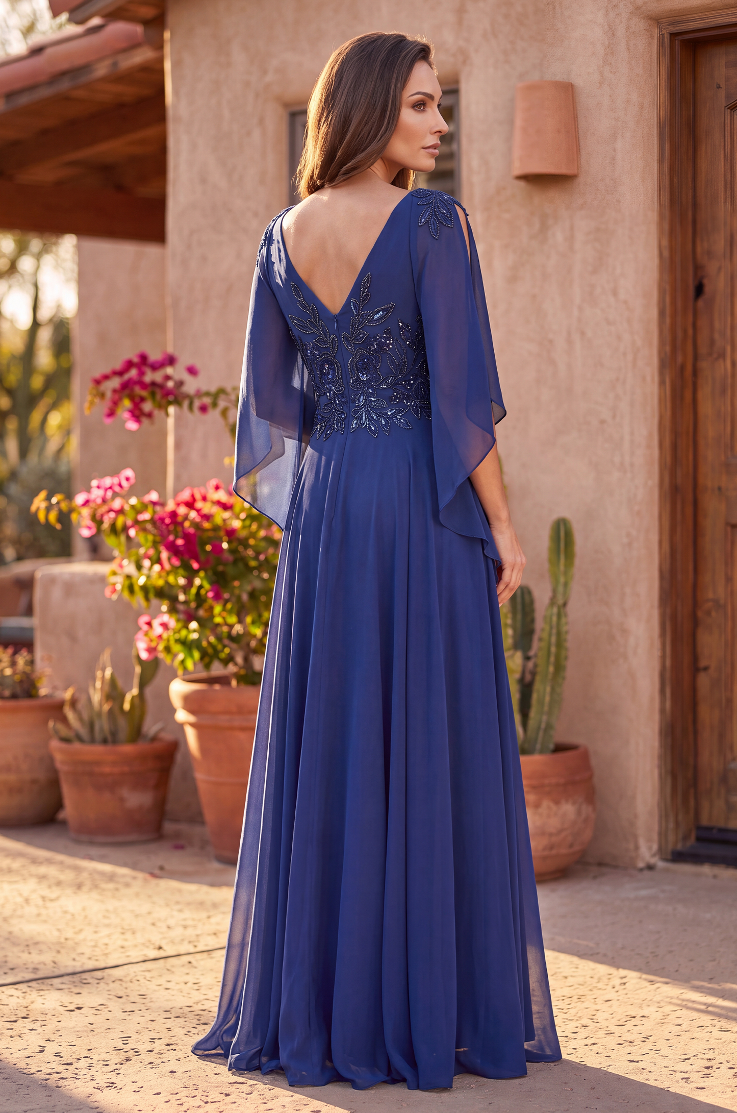 Mother of the Bride Dresses Long Formal Split Cape Sleeve Evening Dress Navy
