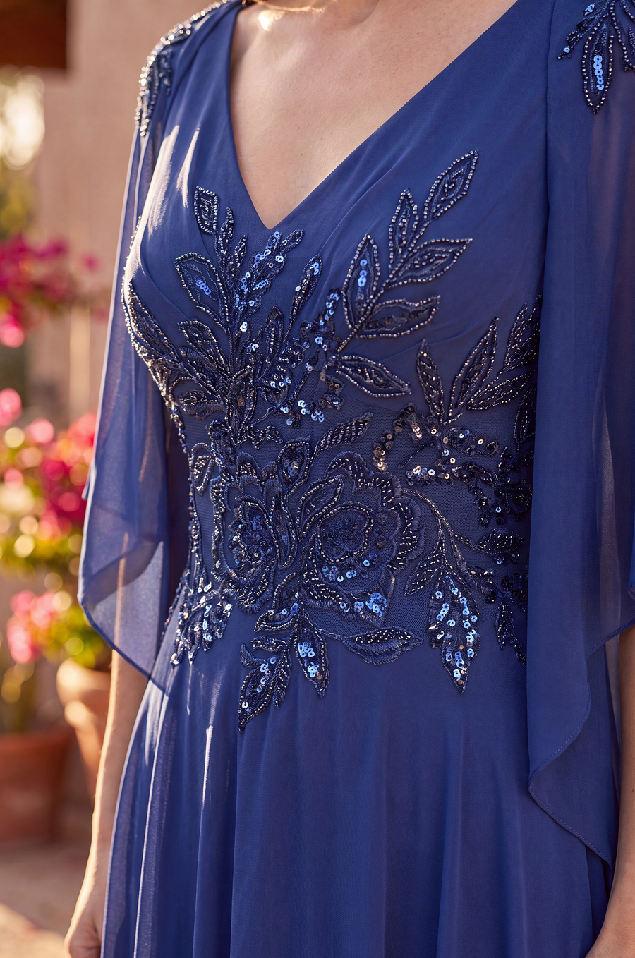 Mother of the Bride Dresses Long Formal Split Cape Sleeve Evening Dress Navy