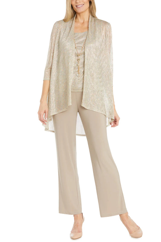 R&M Richards Scoop Neck Sleeveless Top 3/4 Sleeve Jacket Relaxed Straight Trousers Pantsuit with Necklace (Plus Size) - CHAMPAGNE - Front