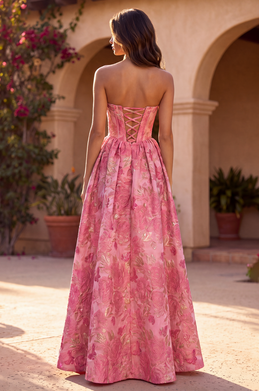 A Line Corset Jacquard Floral Dress with Metallic Accent
