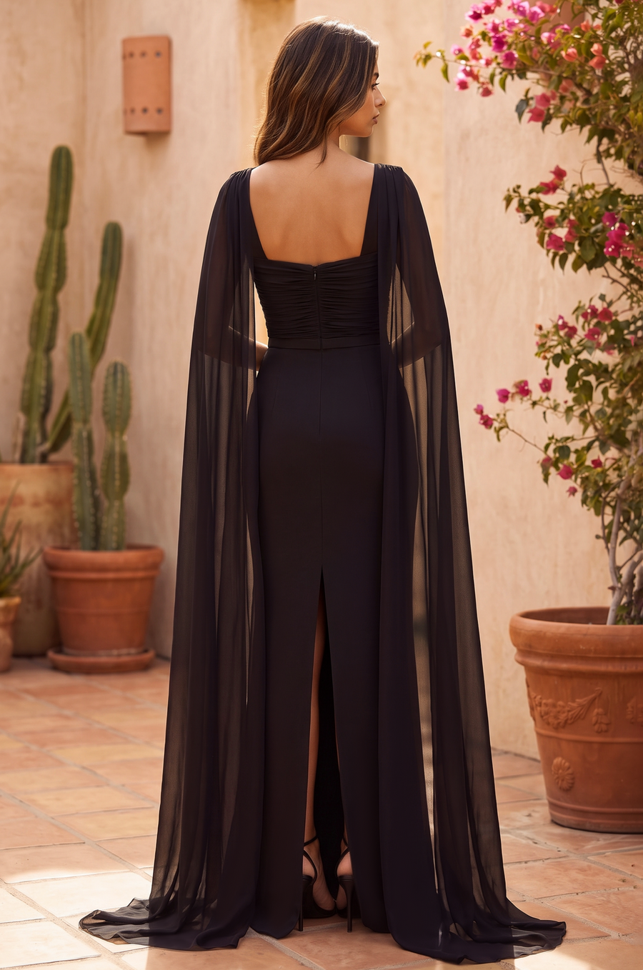 Long Modest Formal Cape Sleeve Evening Dress