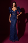 Formal Beaded Sequined Puff Sleeve Evening Gown