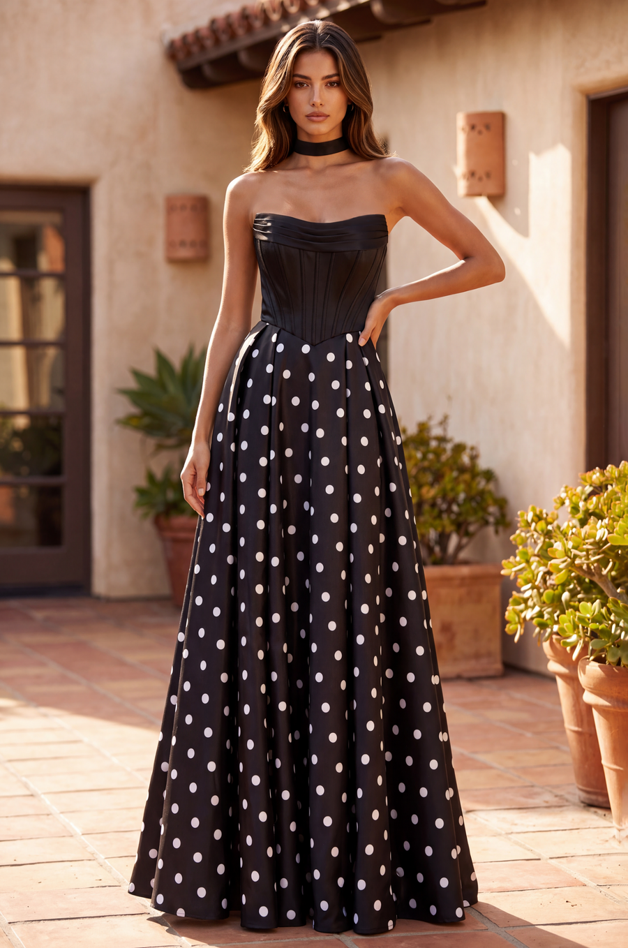 Long Sweetheart Polka Dot Prom Dress