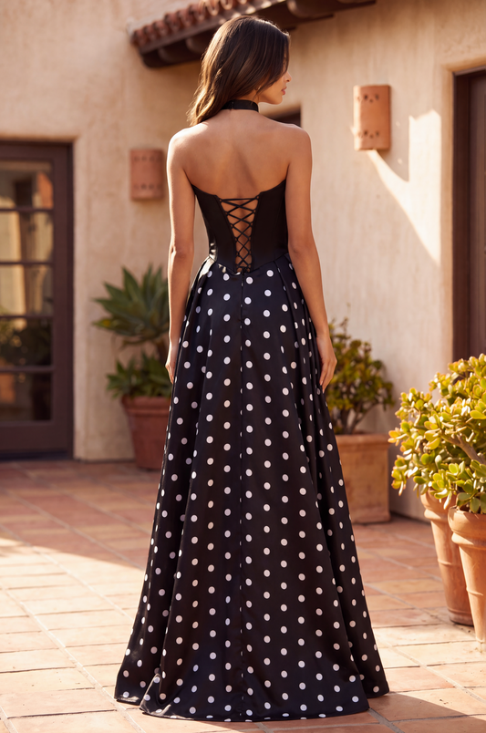 Long Sweetheart Polka Dot Prom Dress