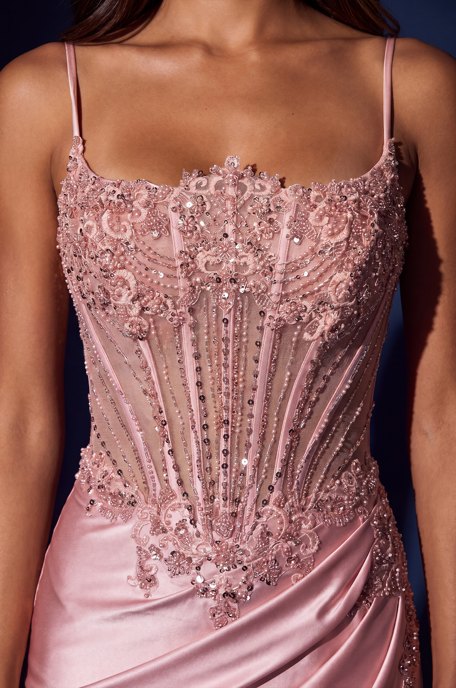 Beaded Sweetheart Corset Long Formal Dress, Blush, close view