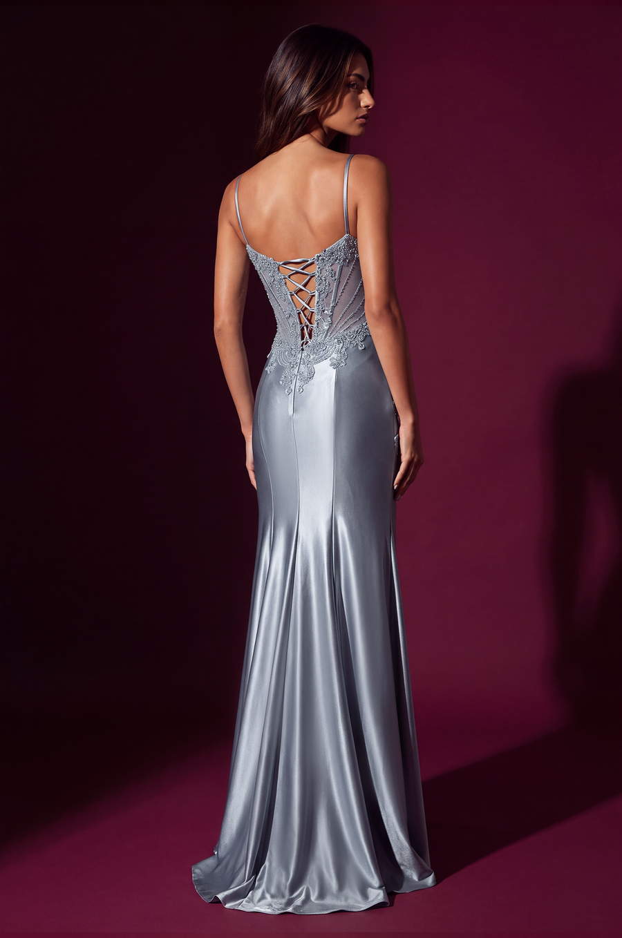 Beaded Sweetheart Corset Long Formal Dress, Dusty Blue, Back view