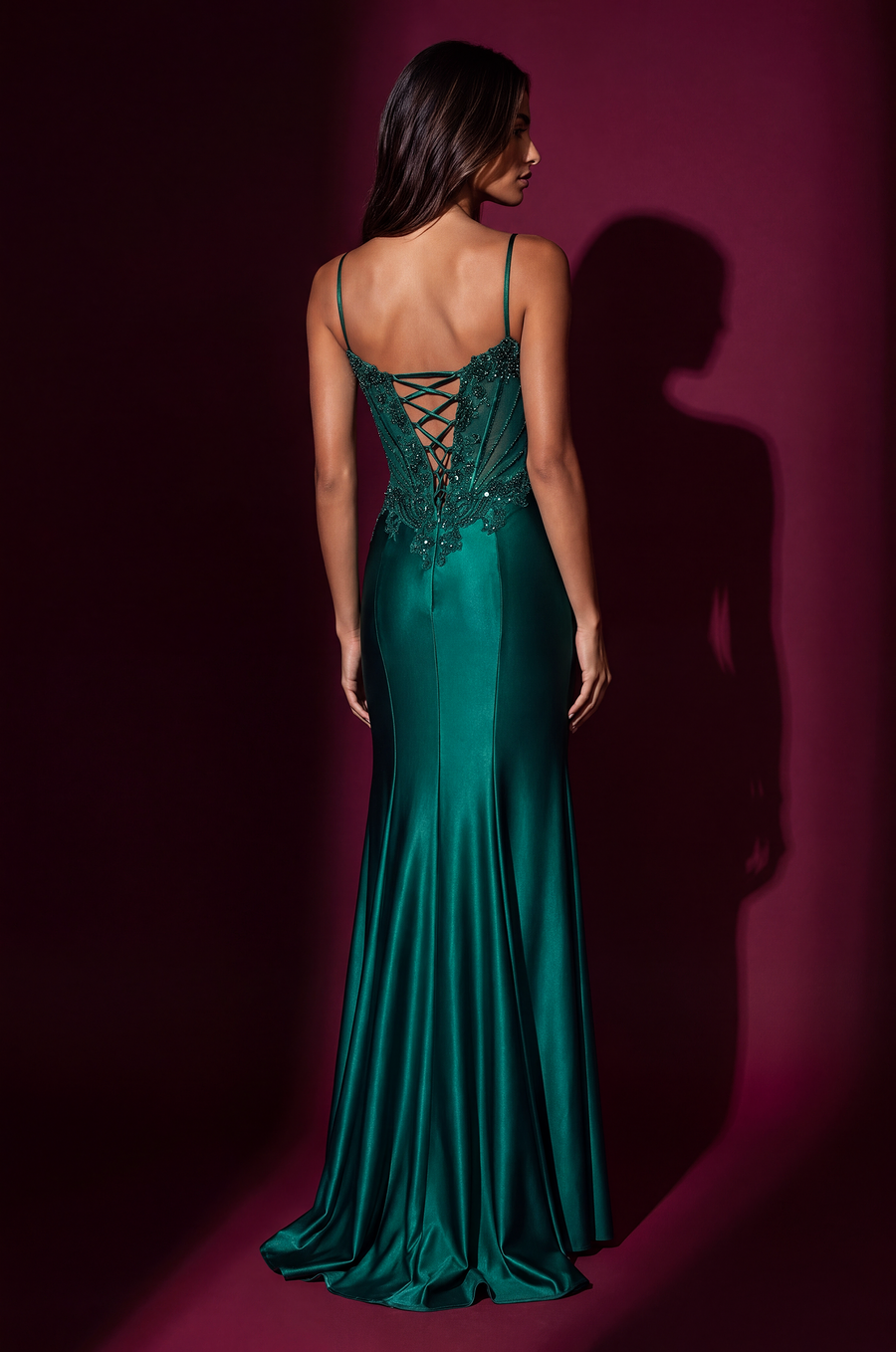 Beaded Sweetheart Corset Long Formal Dress, Emerald Green, back view