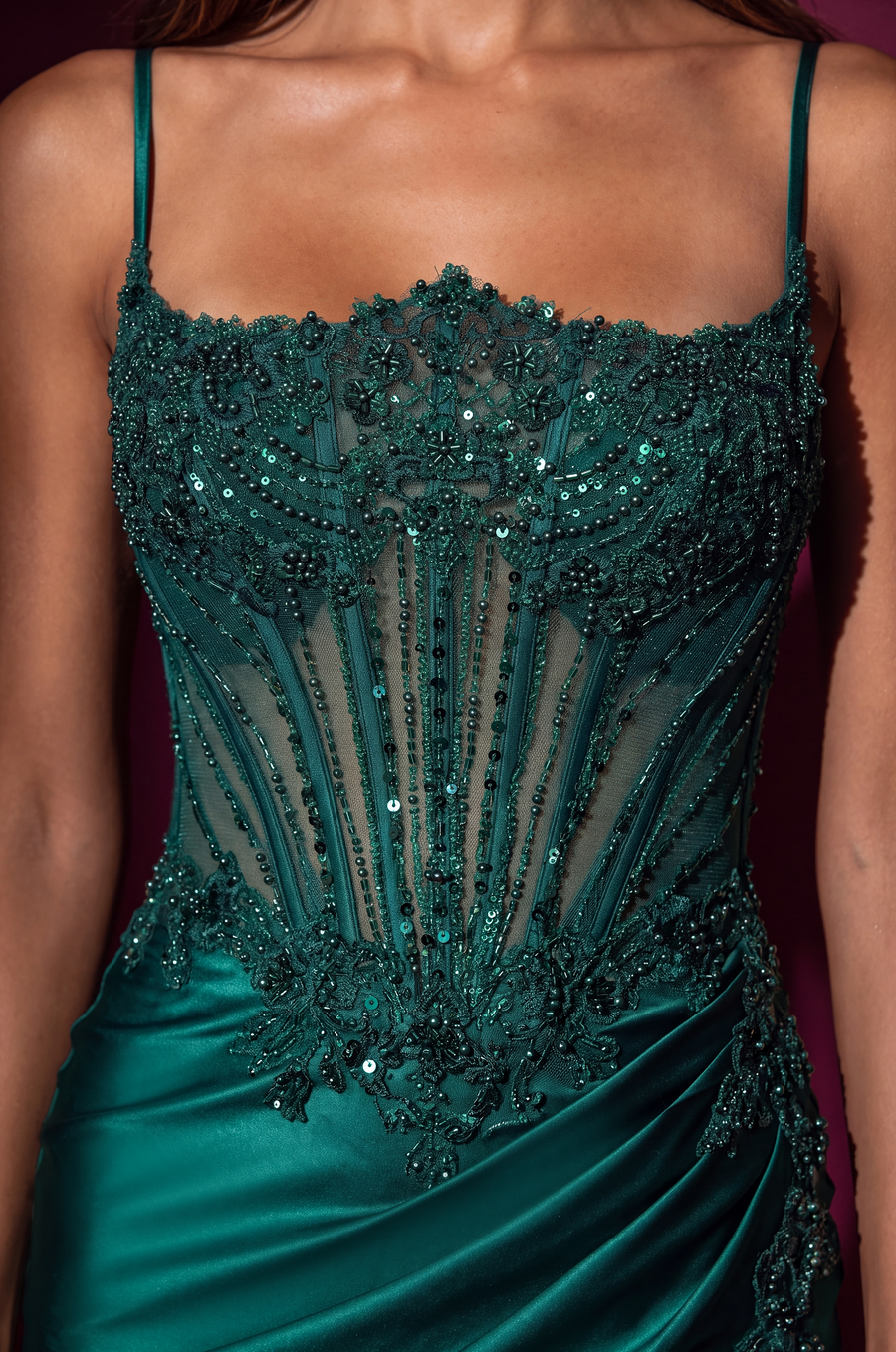 Beaded Sweetheart Corset Long Formal Dress, Emerald Green, close view