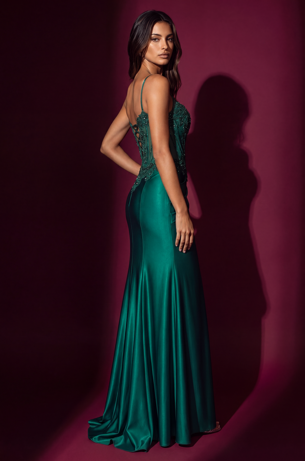 Beaded Sweetheart Corset Long Formal Dress, Emerald Green, side view