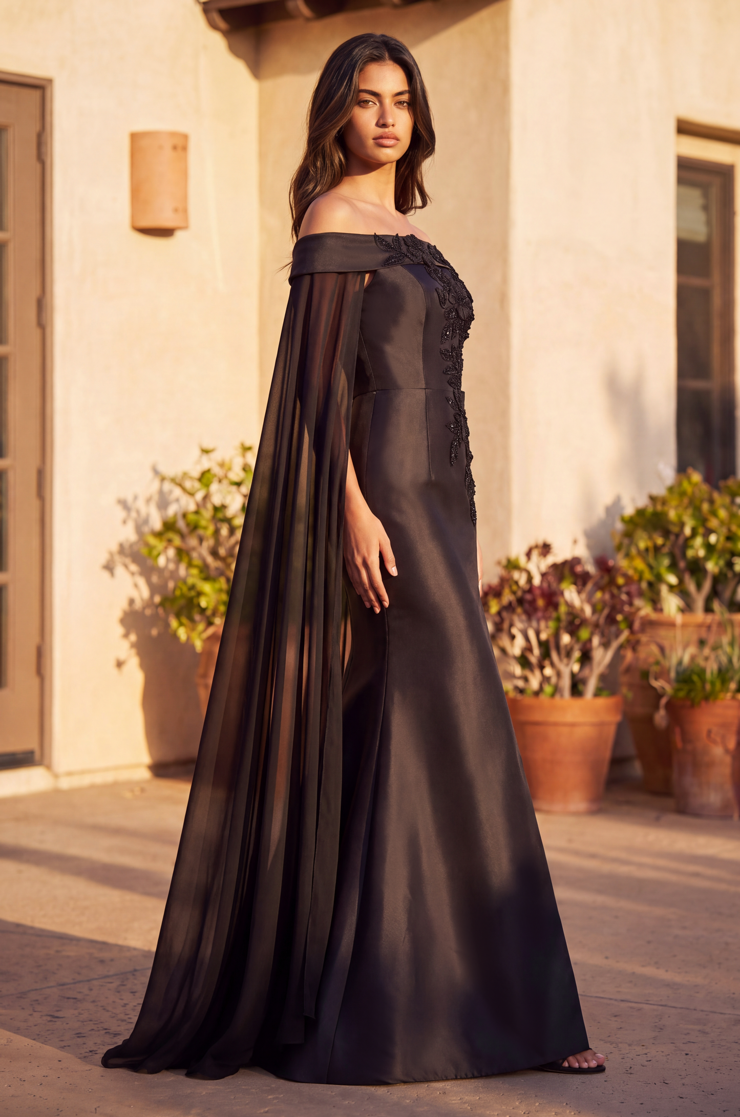 Off Shoulder Satin Long Formal Evening Cape Dress