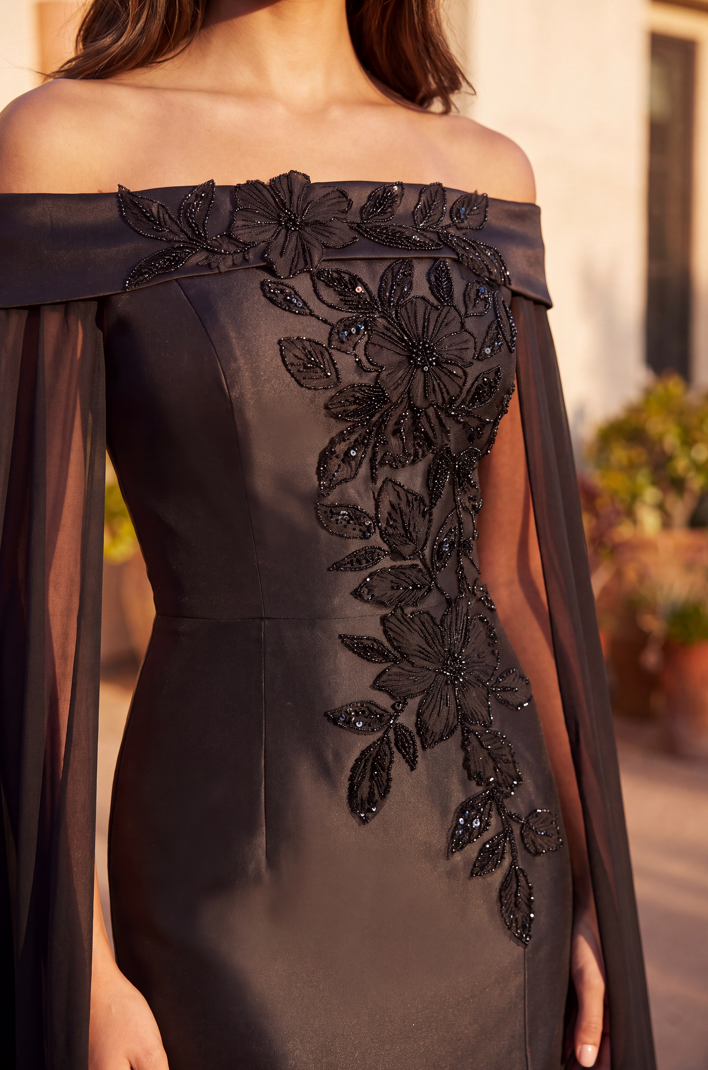 Off Shoulder Satin Long Formal Evening Cape Dress