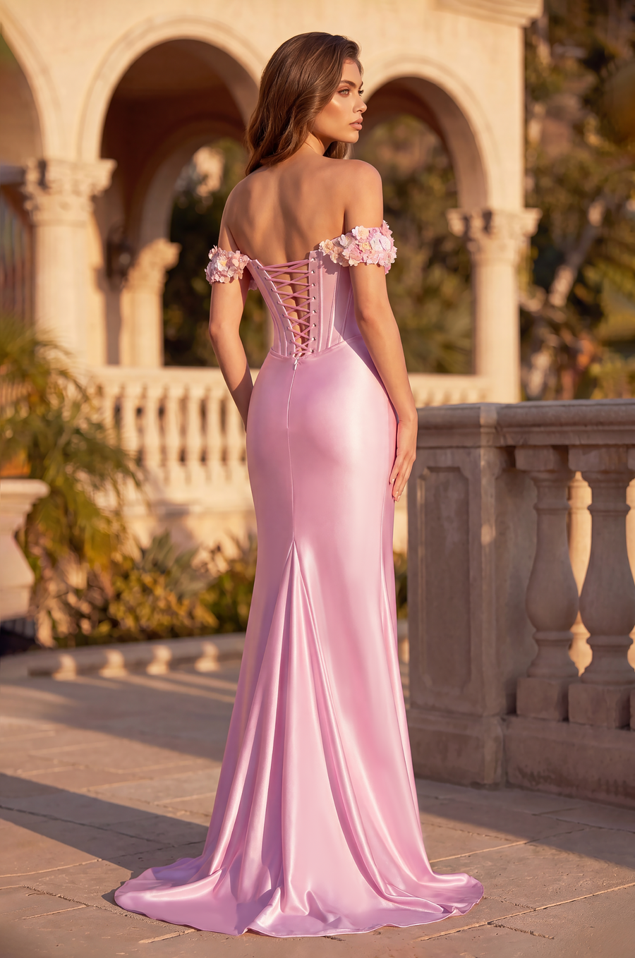 Off The Shoulder 3D Floral Corset Prom Gown 
