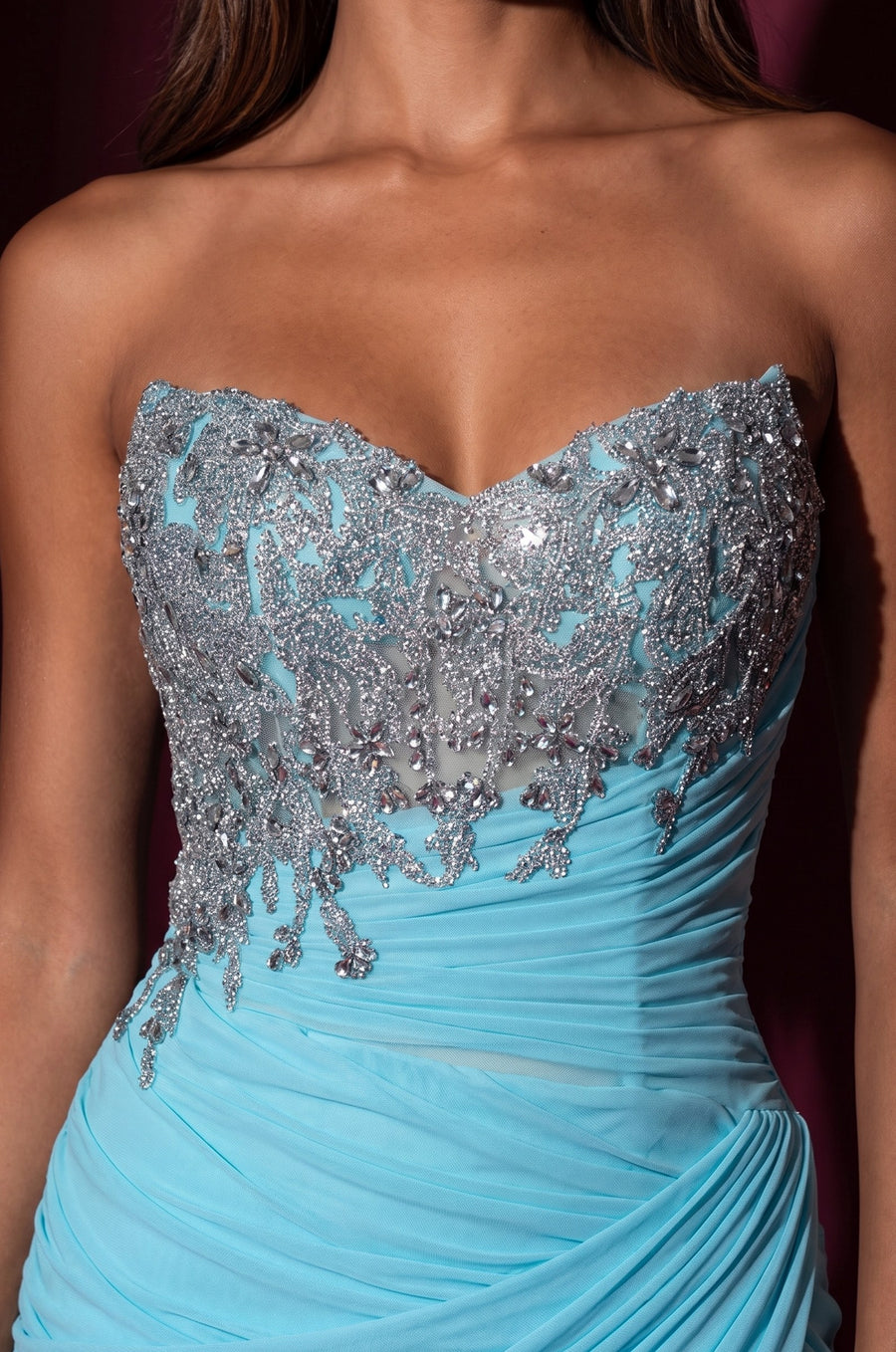 1695 Periwinkle strapless beaded ruched slit gown