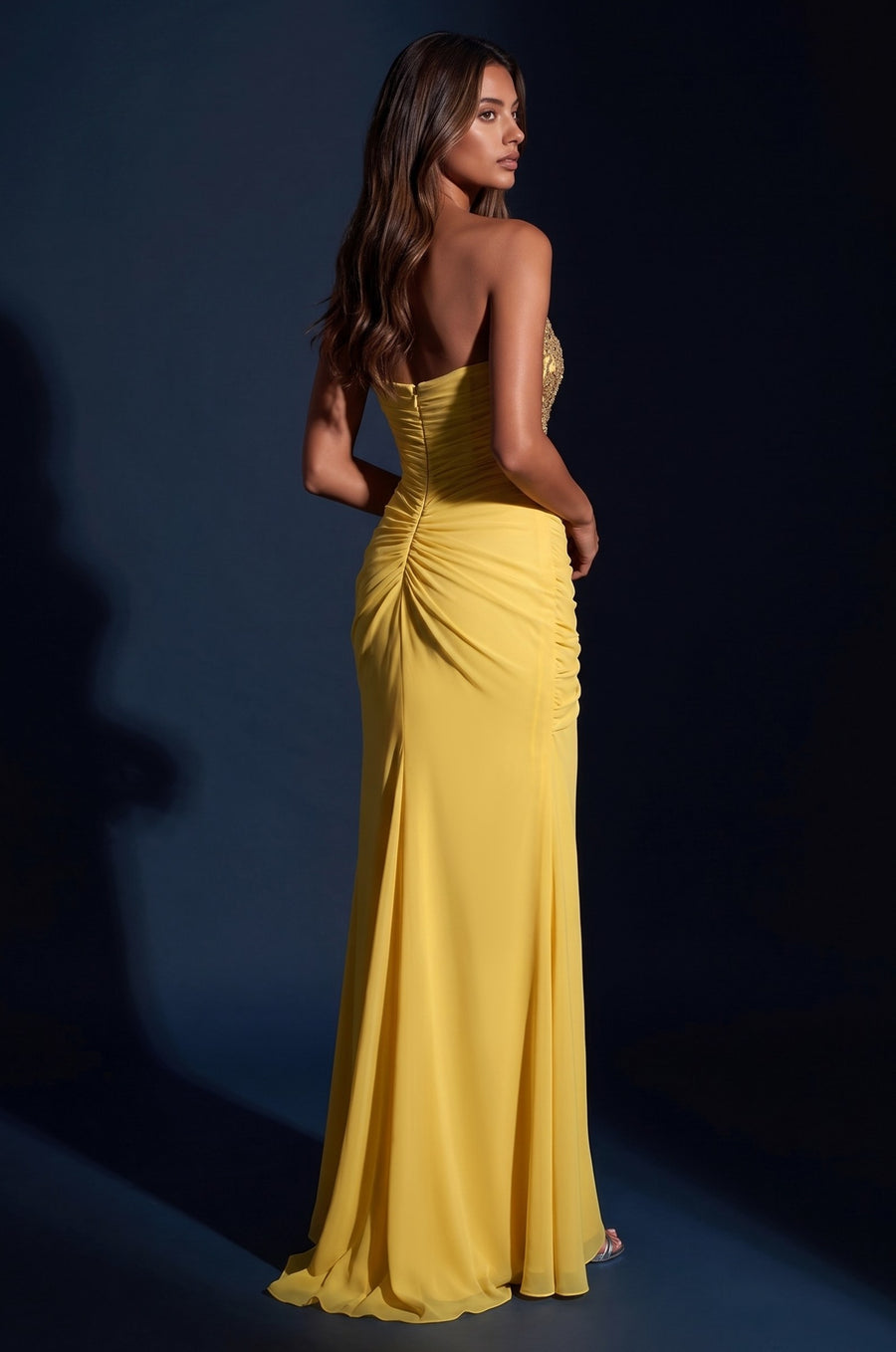 1695 Yellow strapless beaded ruched slit gown