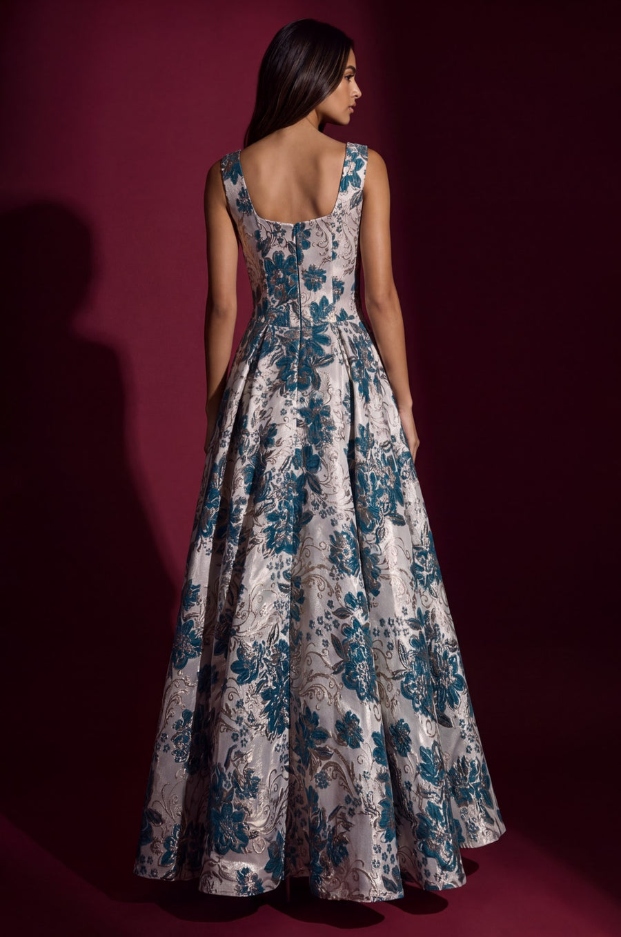 Back view of the gown showing the square neckline