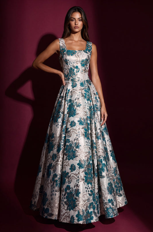 Front view of the square-neck brocade gown in Green