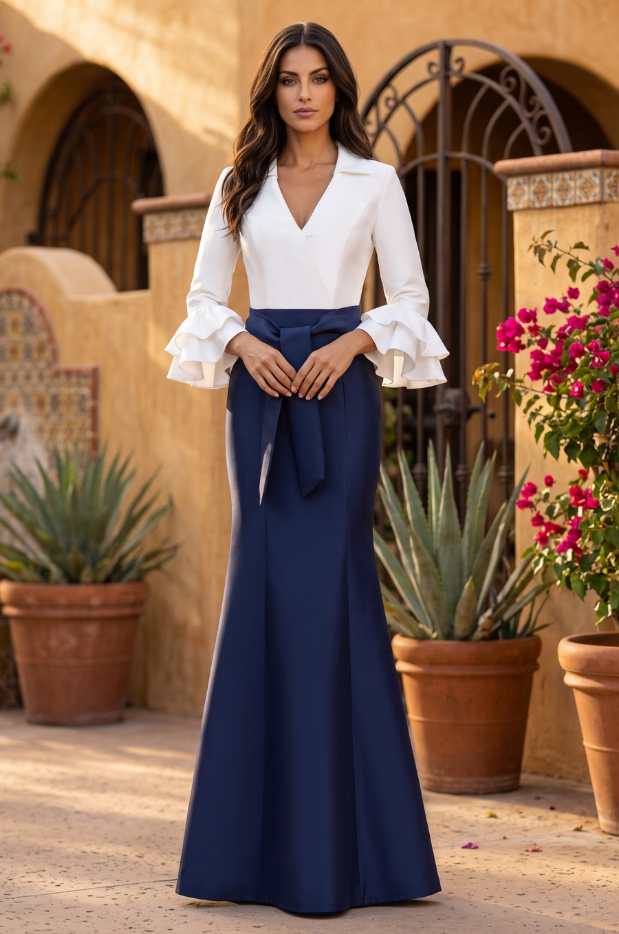 1704 Navy/White color-block long-sleeve gown, front view