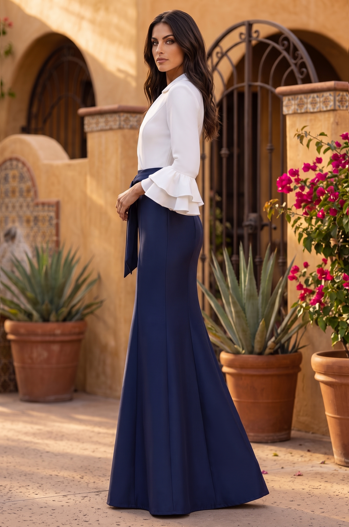 1704 Navy/White color-block long-sleeve gown, side view