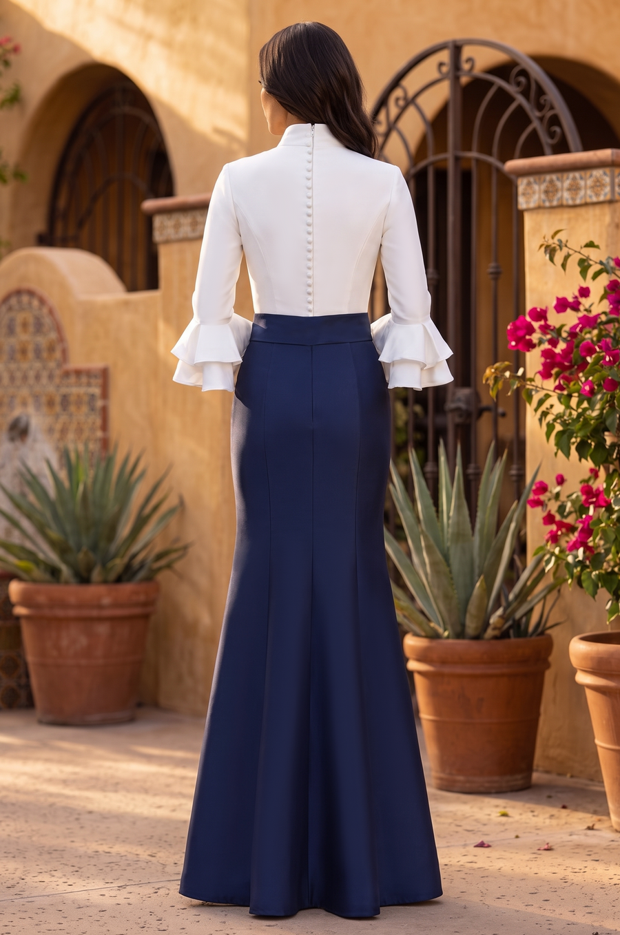1704 Navy/White color-block long-sleeve gown, back view