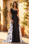 Front view of a one-shoulder floor-length formal gown